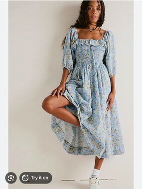 Free People Printed Oasis Shirred Smocked Square Neck Midi Dress S